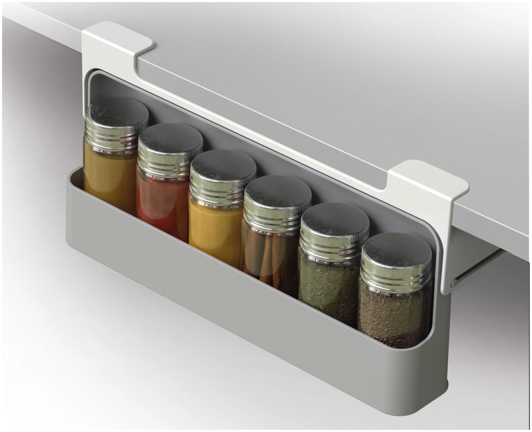 Stylisches Unterregal für Gewürze aus umweltfreundlichem, recyceltem Kunststoff in modernem Grau, perfekt für eine platzsparende Küchenorganisation.