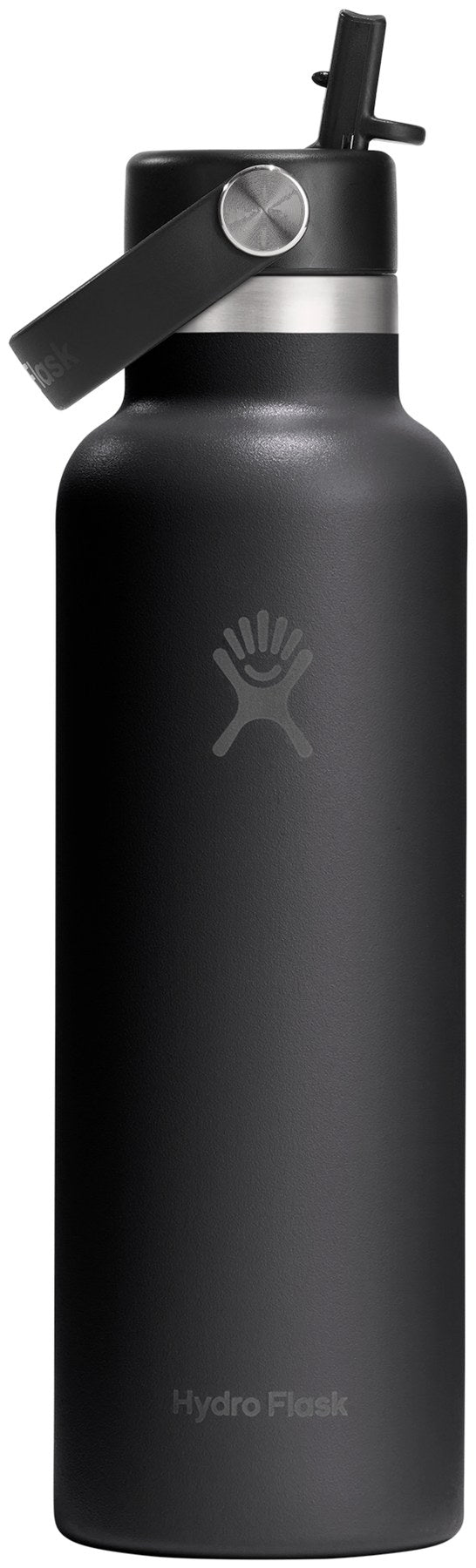 Schwarze Trinkflasche mit Flex Straw Cap Deckel und Trinkhalm von Hydro Flask, zylindrische Form, Fassungsvermögen 620 ml.