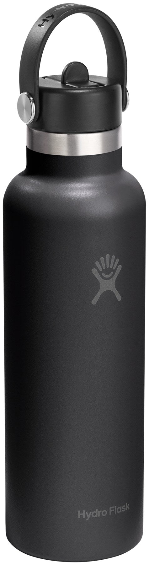 Schwarze Trinkflasche mit Flex Straw Cap Deckel und Trinkhalm von Hydro Flask, zylindrische Form, Fassungsvermögen 620 ml.