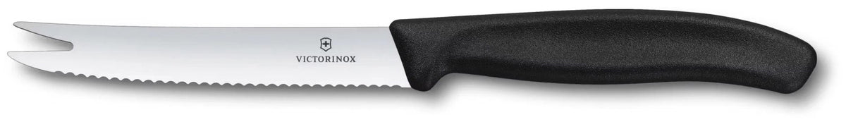 Schwarzes Küchenmesser mit kurzer Klinge, Modell Swiss Classic Käse- und Wurstmesser 11cm, freigestellt auf hellem Hintergrund gezeigt.