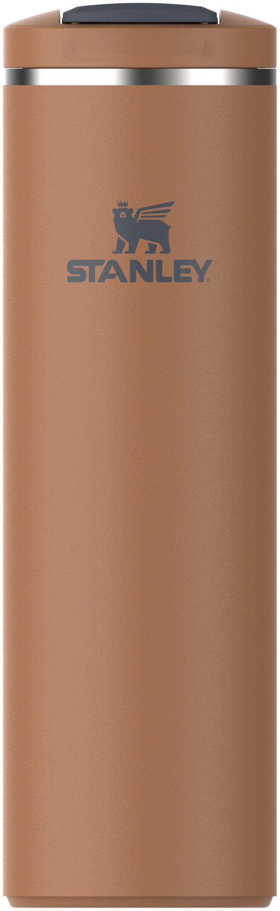 Braune Thermosflasche mit FlipTop-Verschluss, zylindrische Form, Stanley Transit Becher 0.47l, robustes Material, kompakte Grösse.