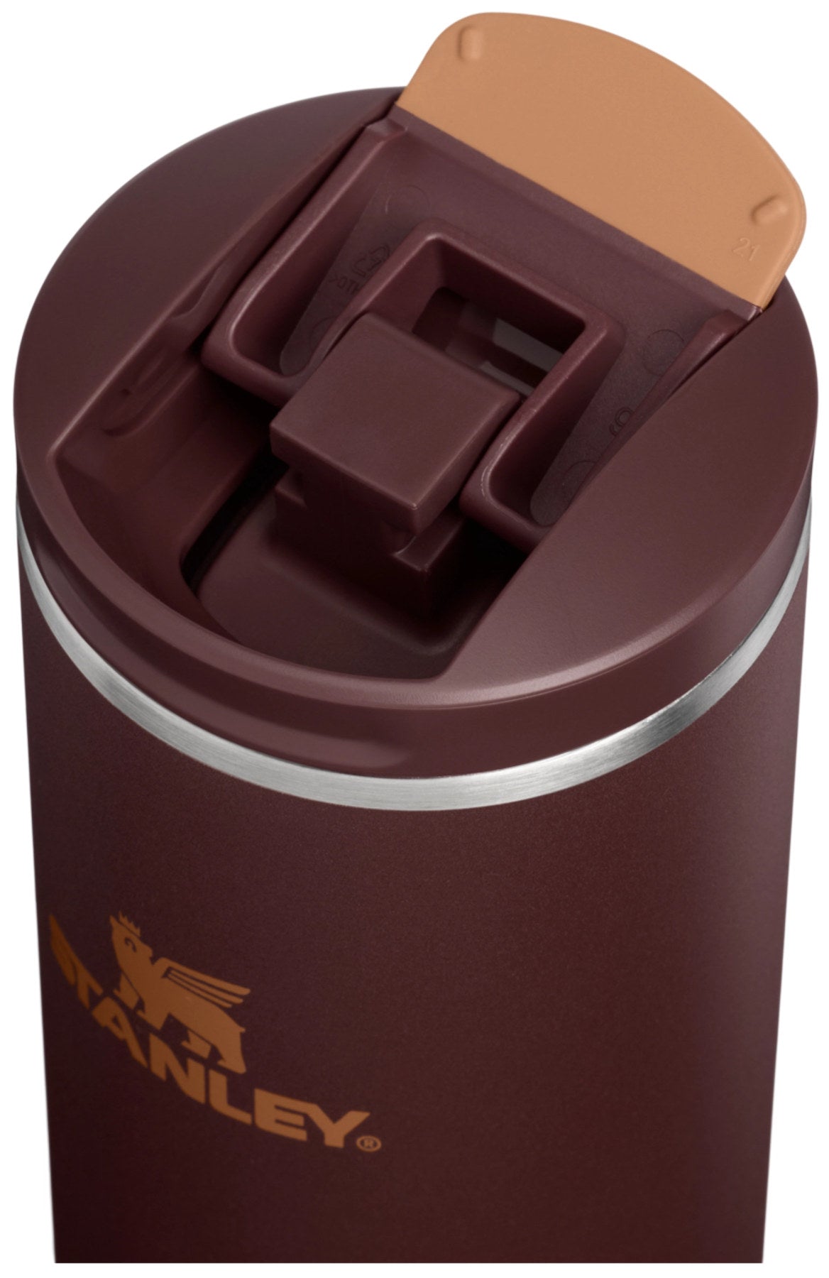 Braune Stanley Thermosflasche Transit Fliptop Becher in der Farbe coffee, hochformatig und schlank