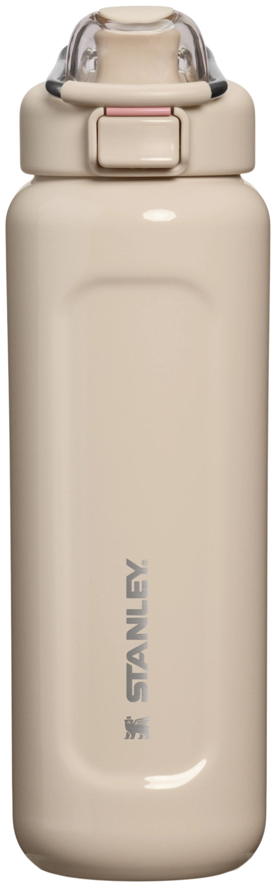 Beige glänzende Thermosflasche Stanley Wellspring 0.71l mit rundem Korpus, Schraubverschluss und glatter Oberfläche, freigestellt fotografiert.