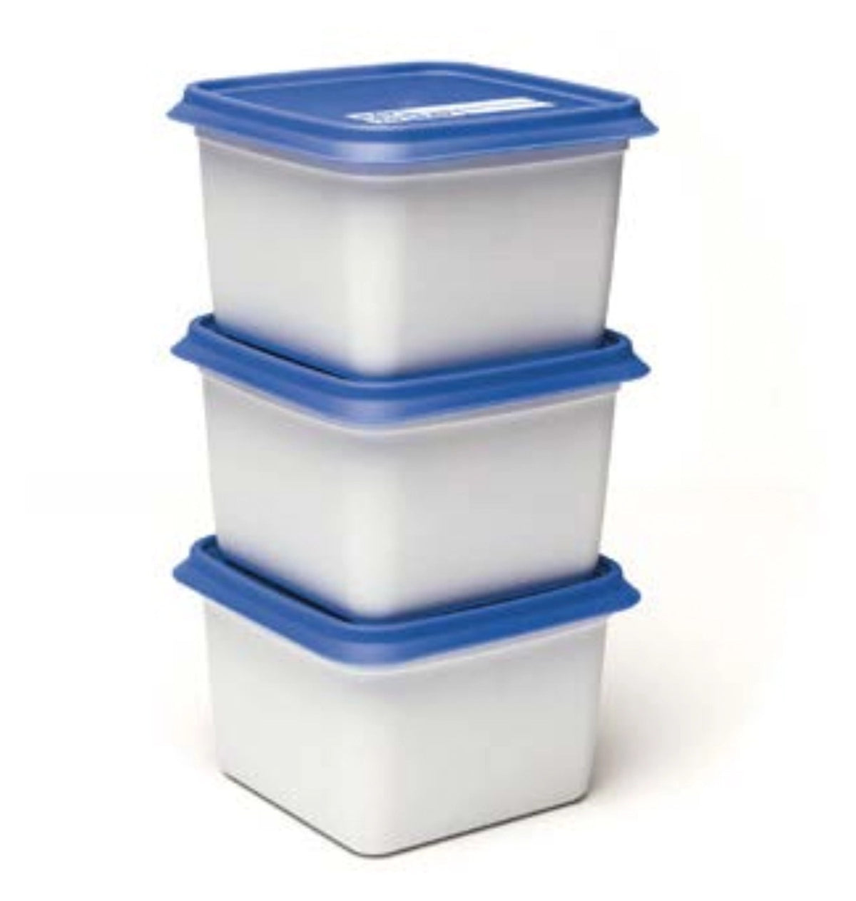 Drei stapelbare Gefrierboxen aus Kunststoff in kobaltblauer Farbe mit Deckel, je 750ml Fassungsvermögen, Marke Day To Day
