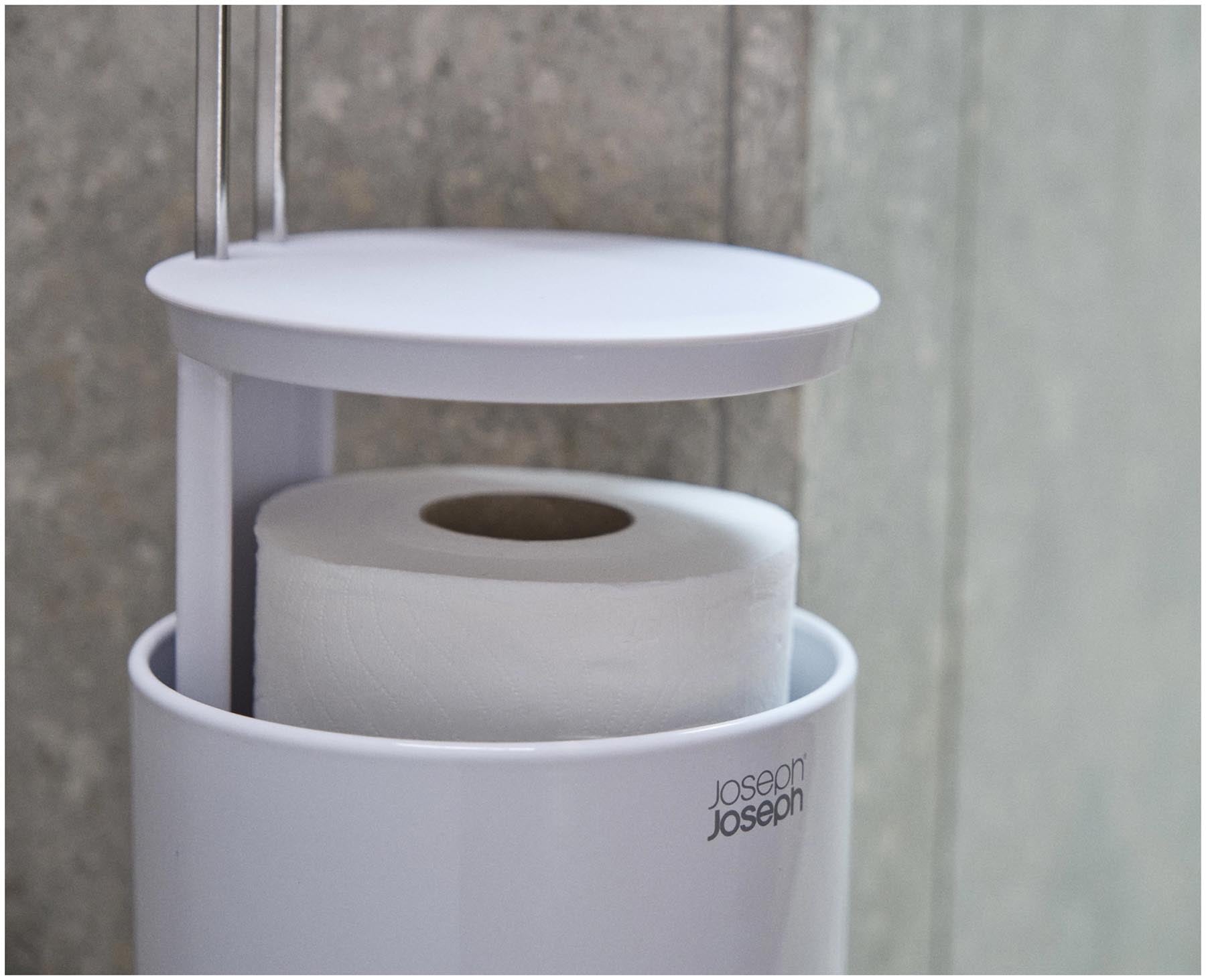 Moderner Toilettenpapierhalter in strahlendem Weiß von Joseph Joseph, ideal für ein aufgeräumtes und stilvolles Badezimmerambiente.