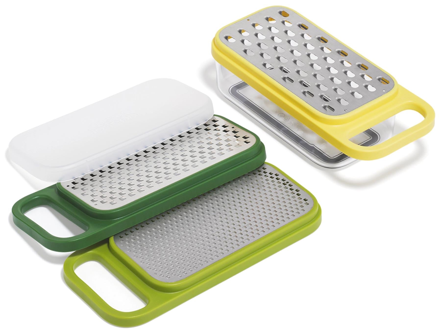 Praktisches 3-in-1 Reibenset von Joseph Joseph, ideal zum Reiben, Raffeln und Aufbewahren, in stilvollem und funktionalem Design.