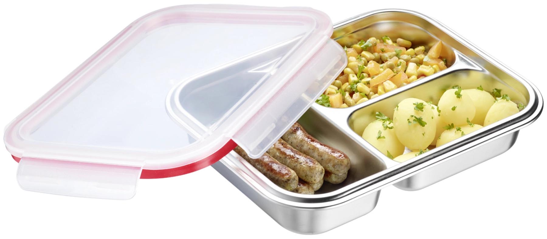 Geteilte Edelstahl Lunch Box von Westmark, stilvoll und praktisch, optimal für die frische Aufbewahrung von Speisen und Snacks für unterwegs.