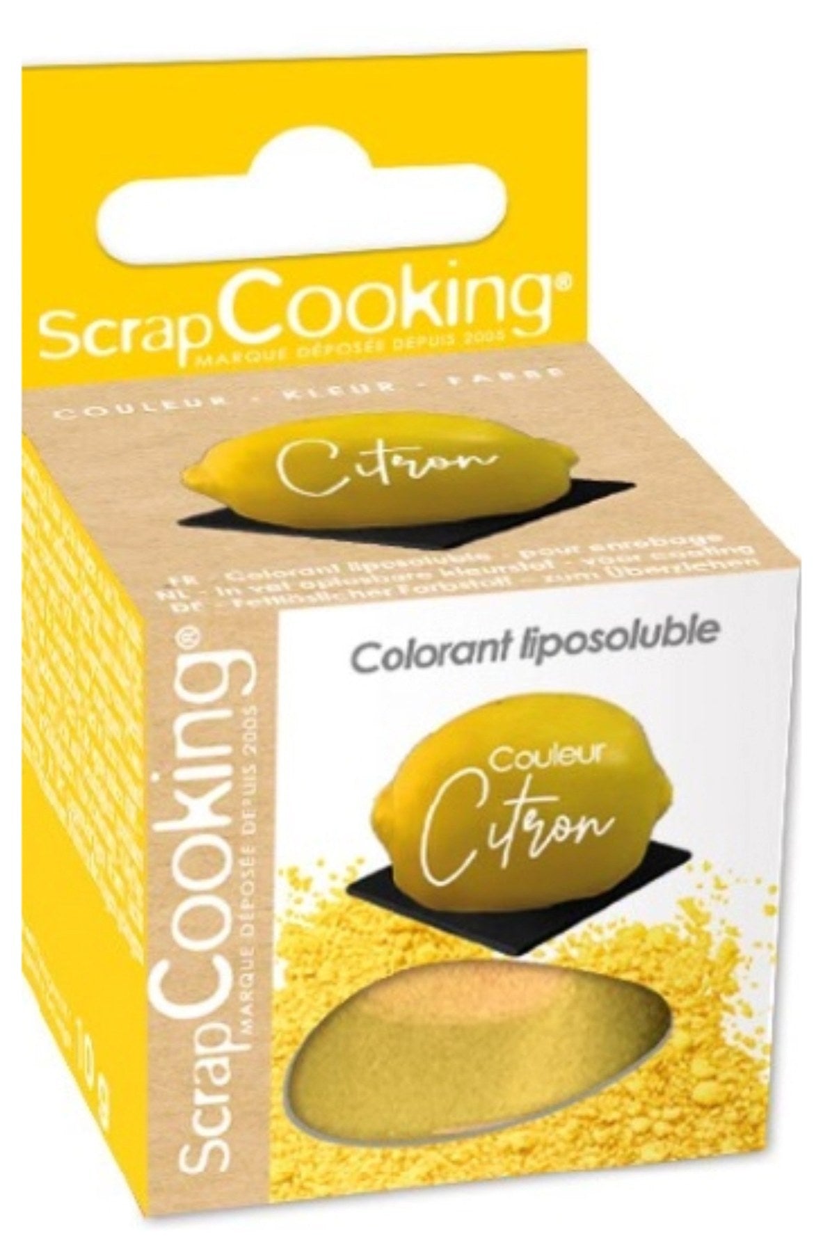 Kleine Packung gelbes Farbpulver Zitrone von Scrap Cooking, 10g Inhalt, feines Pulver zum Einfärben von Backwaren.