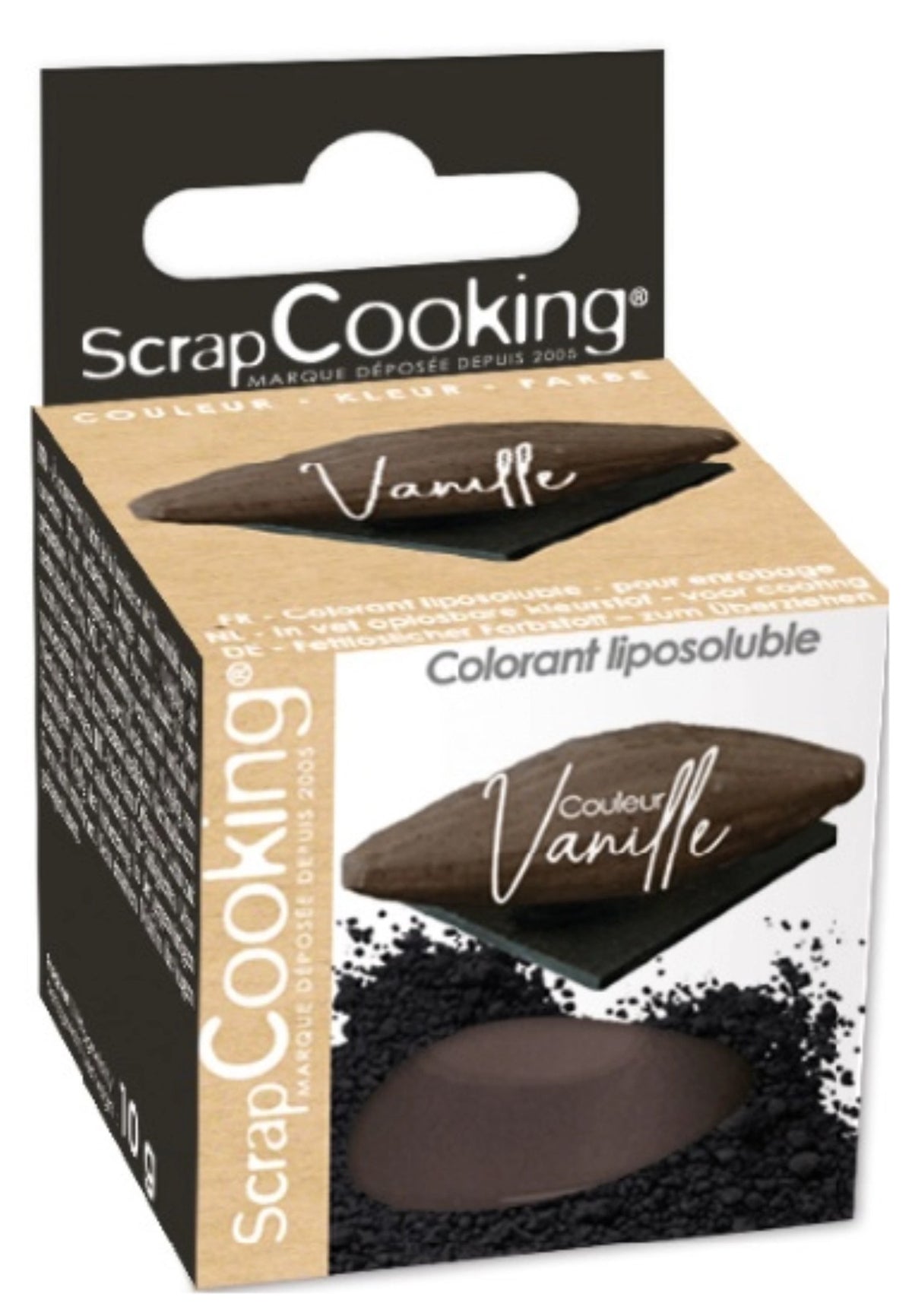 Kleine braune Packung Farbpulver Vanille 10g von Scrap Cooking, Backzutat zum Einfärben von Teigen und Cremes, 10 Gramm Inhalt.