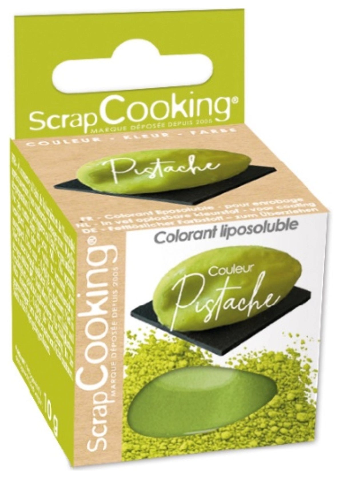 Kleine Dose mit pistaziengrünem Farbpulver von Scrap Cooking, Inhalt 10 Gramm, für die Zutatenkategorie im Backbereich.