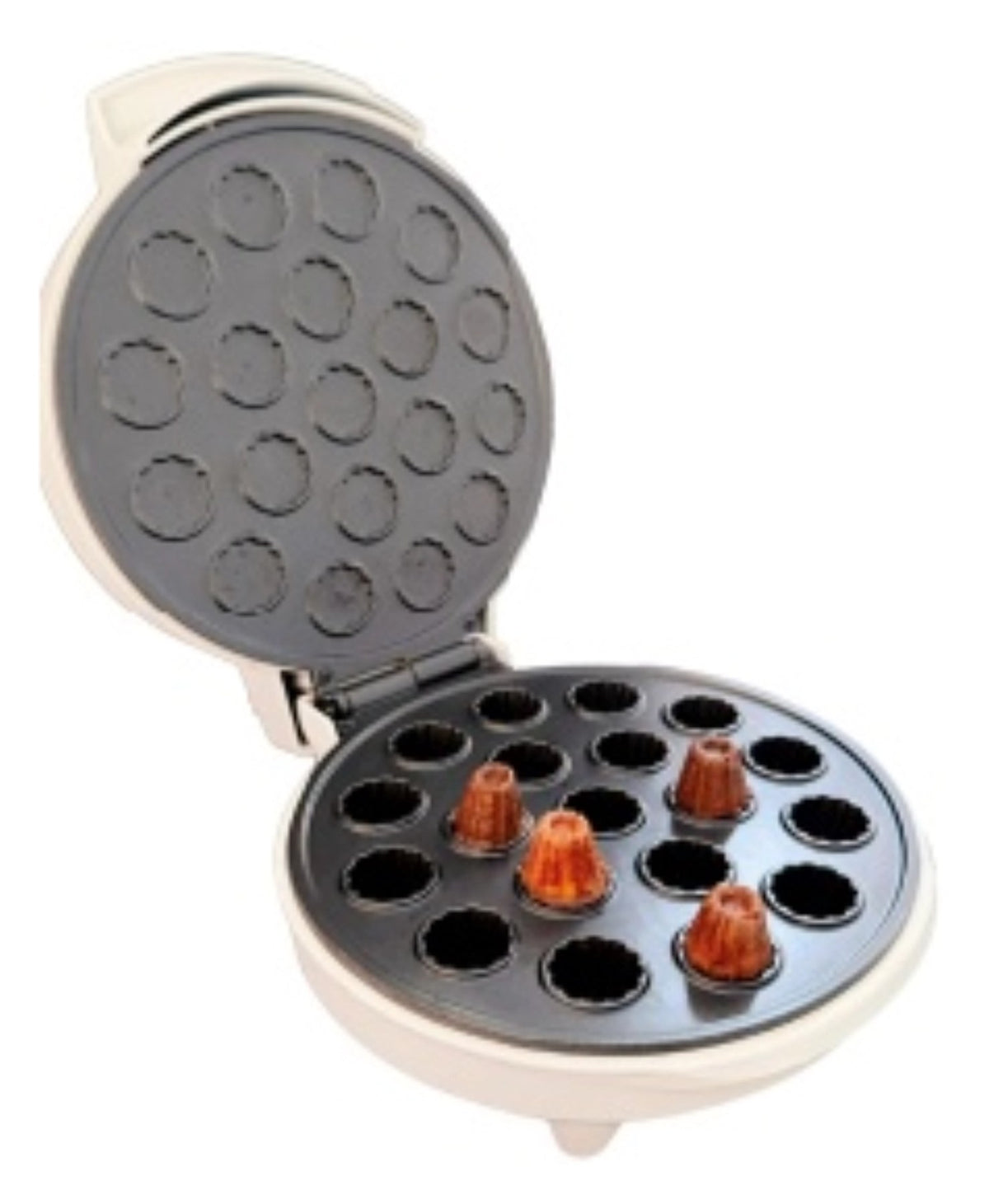 Weisses Küchengerät Mini-Cannelés-Factory von Scrap Cooking mit Backform-Struktur, Masse 25.5 x 20 x 9.5 cm, auf neutralem Hintergrund fotografiert.