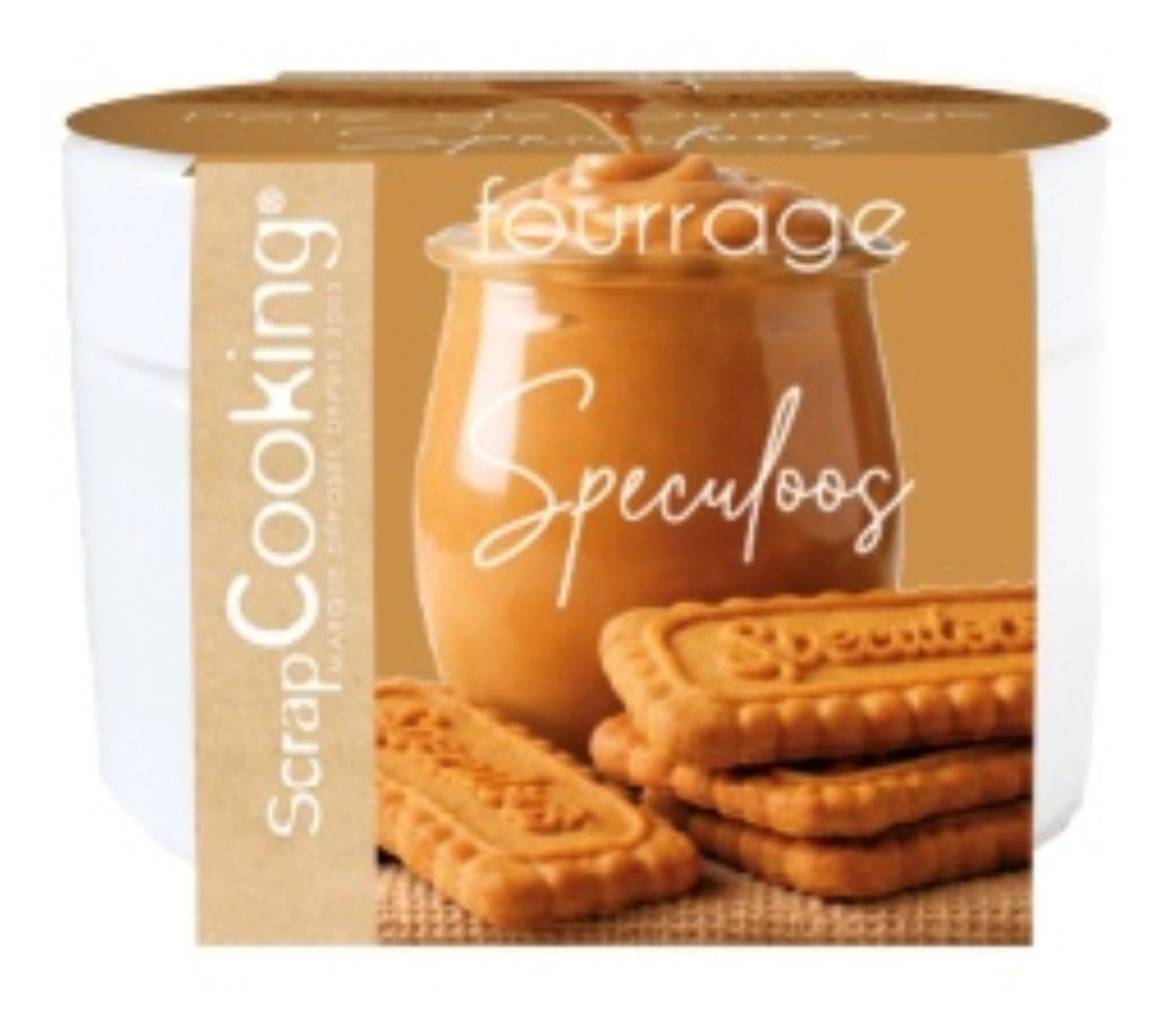 Verpackung der braunen Spekulatius Füllpaste 200g von Scrap Cooking, kompaktes Behältnis mit Füllpaste für Backwaren.
