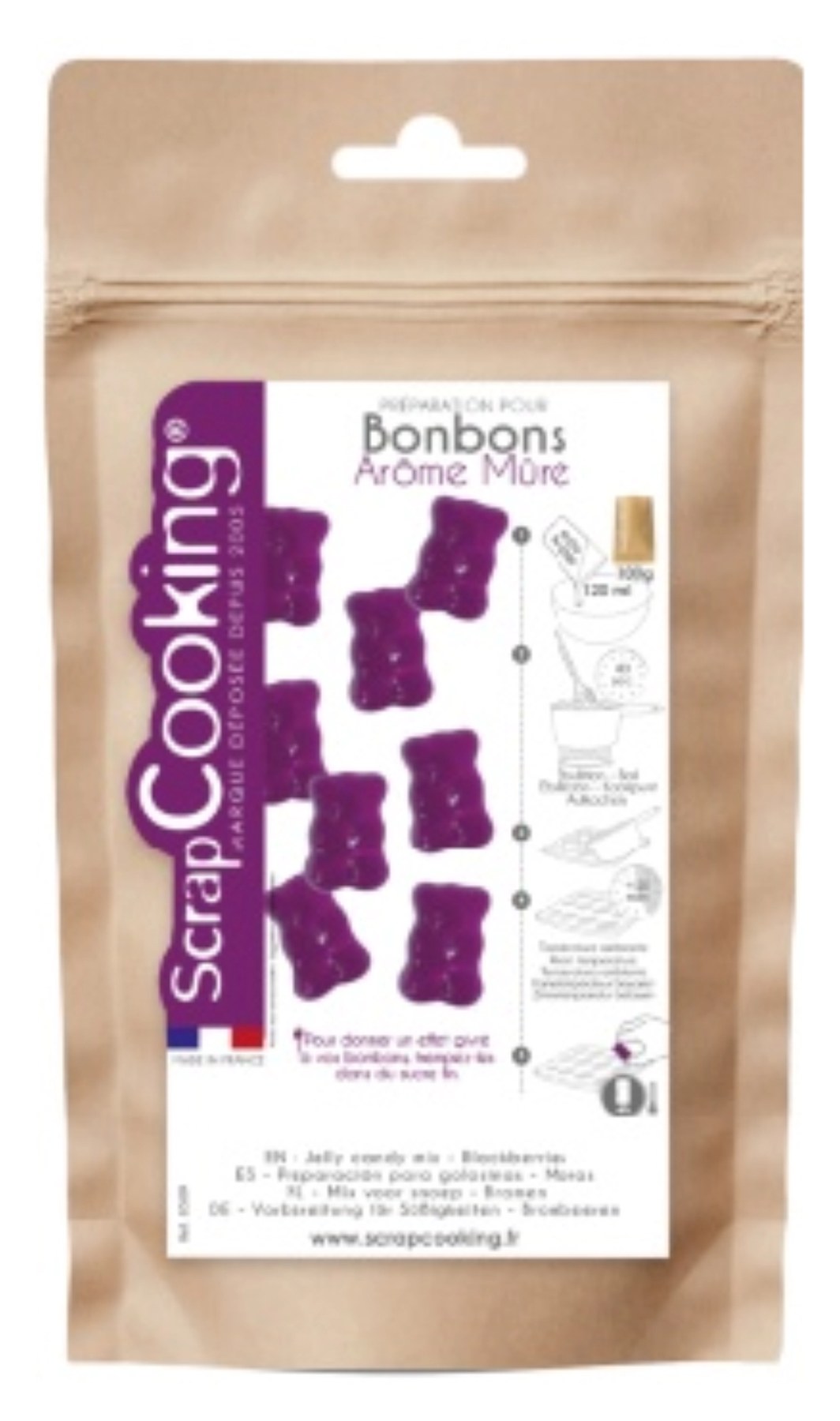 Verpackung der Fertigmischung Gummibären Brombeergeschmack von Scrap Cooking, violett bedruckt, Masse 22.8 x 13.7 x 5 cm