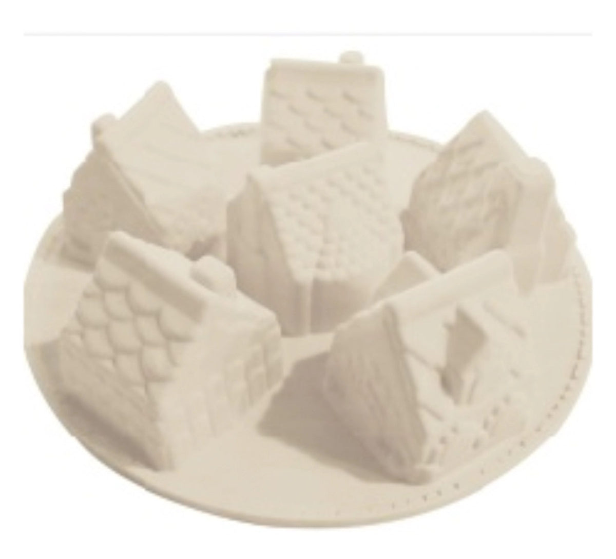 Weisse Silikonform mit Motiv kleiner Häuschen (Cottages), Masse 26x26x7cm, Backform von Scrap Cooking, Artikelnummer 2985.