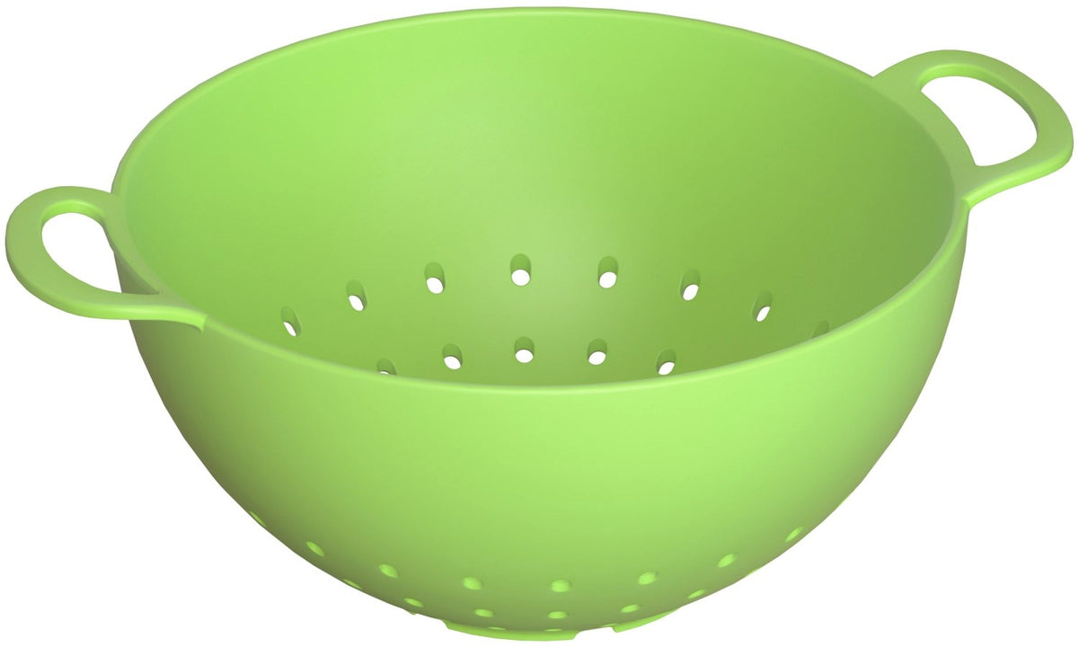 Grünes Küchensieb aus Biopolymer-Naturmaterial, rund, kompakt mit Griff, Grösse 15x15x7cm, produziert von MAGU im Naturgarten Kaiserstuhl.