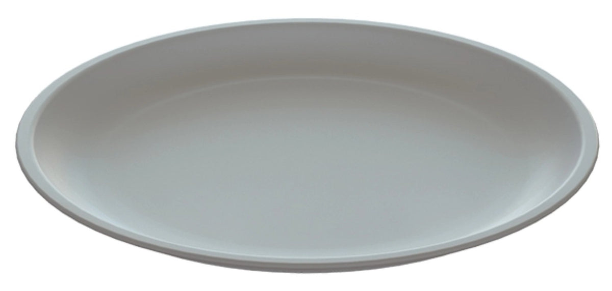 Runder Teller aus silberfarbenem Biopolymer mit 24 cm Durchmesser und glatter, schlichter Oberfläche, Hersteller MAGU.