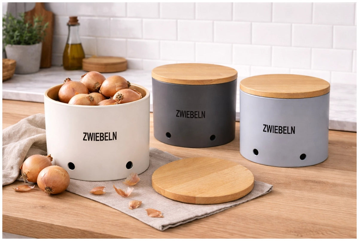 Zwiebeltopf aus Biopolymer in Silber mit Holzdeckel, Masse 20.2 x 20.2 x 15.2 cm, MAGU Aufbewahrungsbehälter für die Küche.