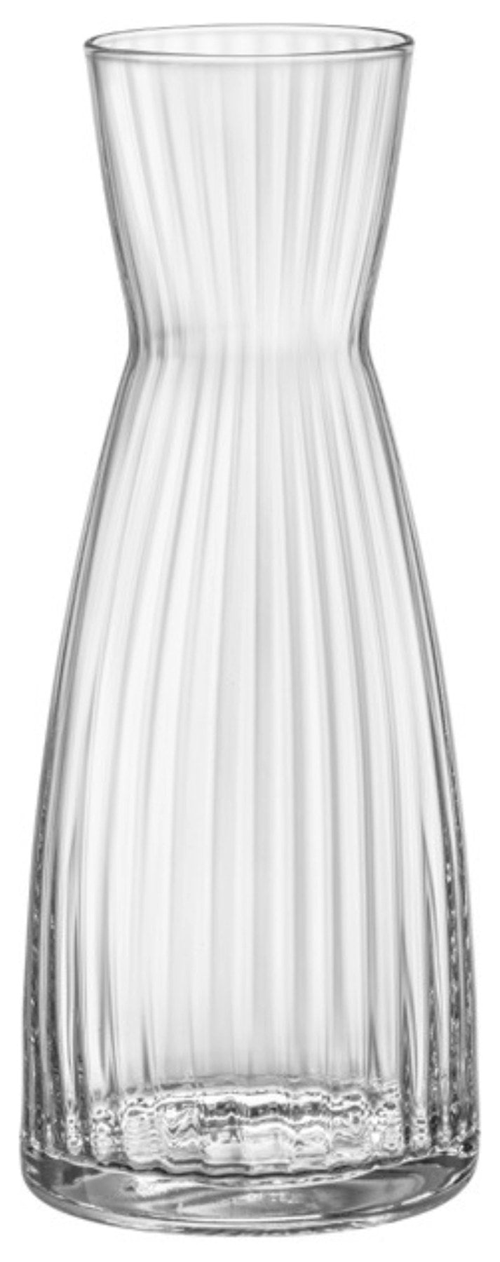 Transparente Glaskaraffe Exclusiva 1 Liter von Bormioli Rocco mit facettiertem Star-Glass-Design, schlanker Form und langem Hals.