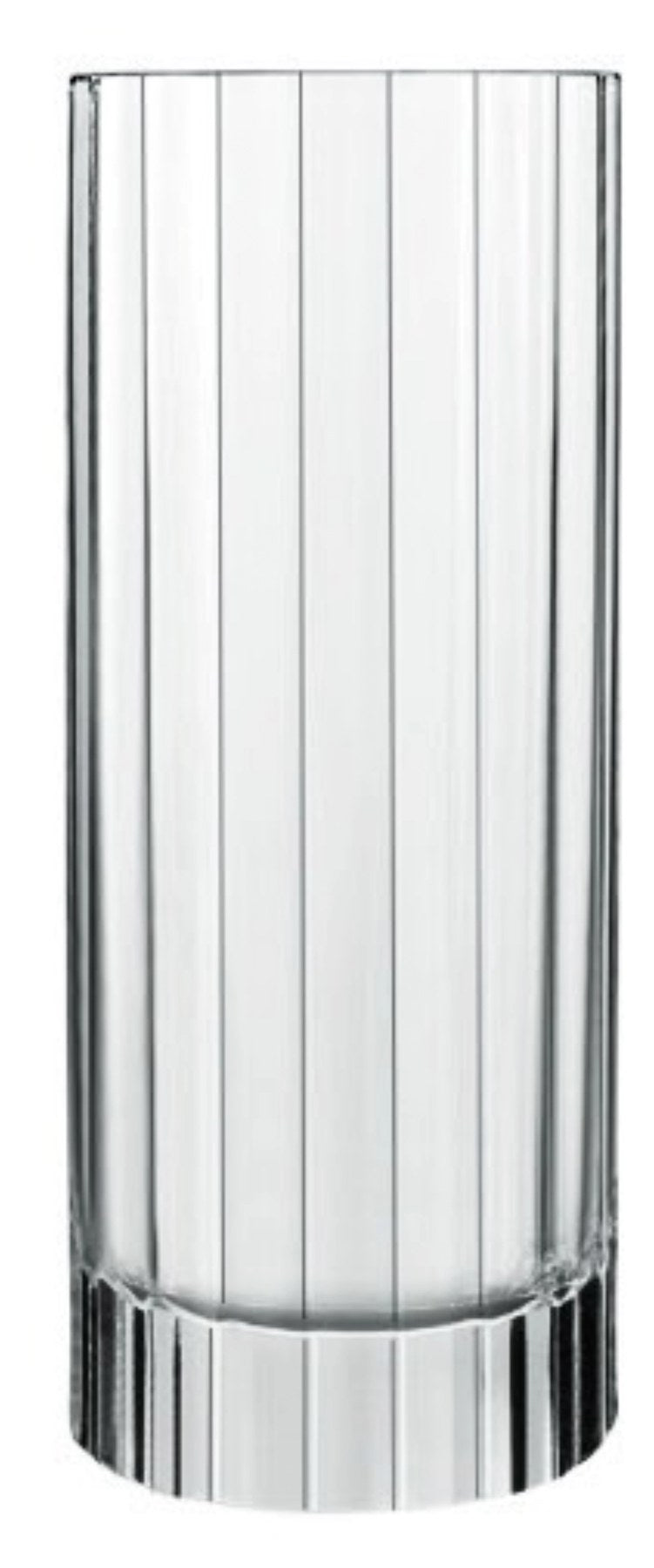 Transparenter Longdrinkbecher aus Glas mit vertikal facettierter Oberfläche und lasergeschnittenem Rand, Modell Bach von Bormioli Luigi.