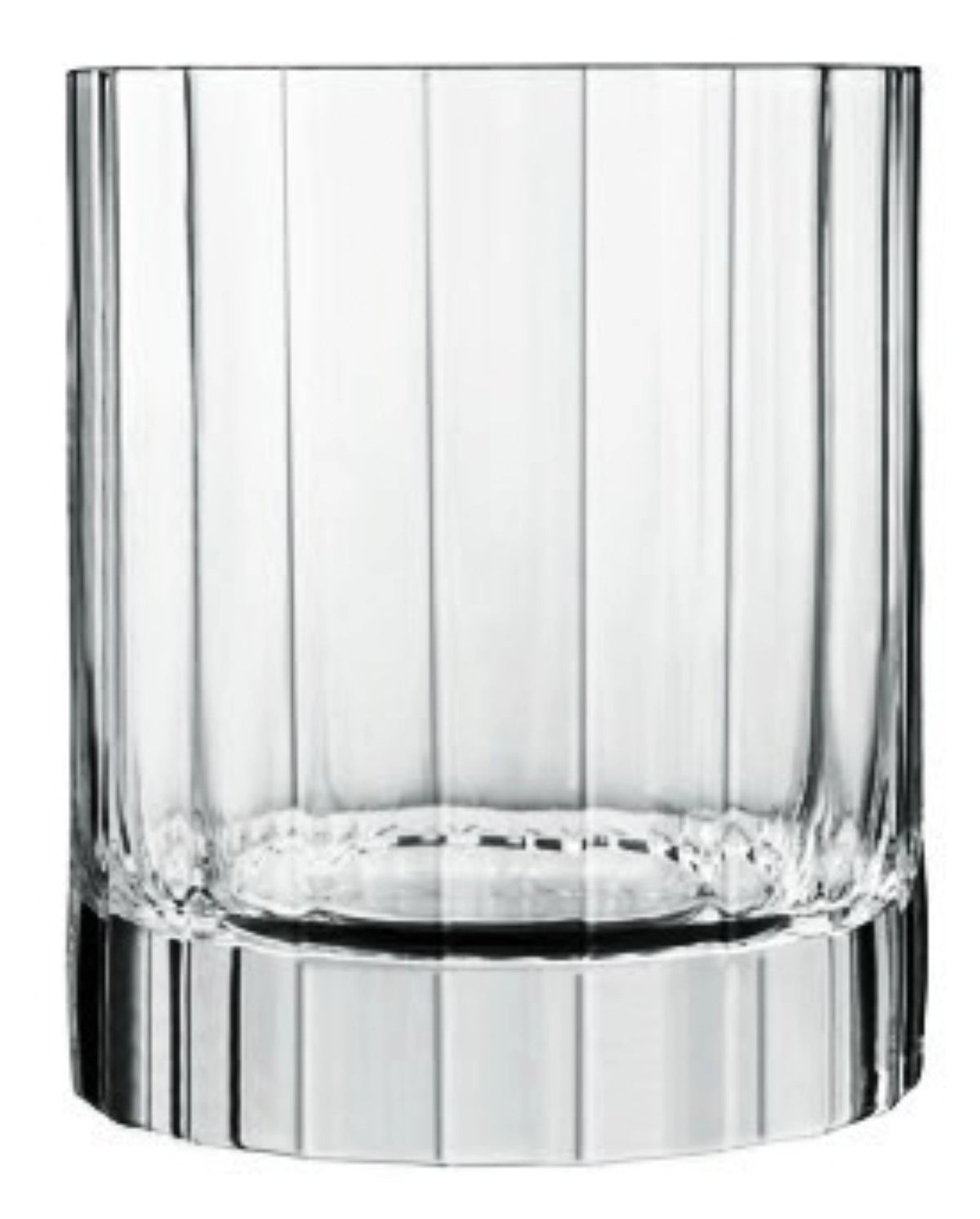 Transparentes Whiskyglas mit facettiertem Design und lasergeschnittenem Rand, Bach Whiskytumbler von Bormioli Luigi, Fassungsvermögen 33.5 cl.