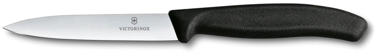 Victorinox Swiss Classic Gemüsemesser mit gerader schwarzer Klinge, geradem Schliff, Mittelspitz und ergonomischem schwarzem Griff.