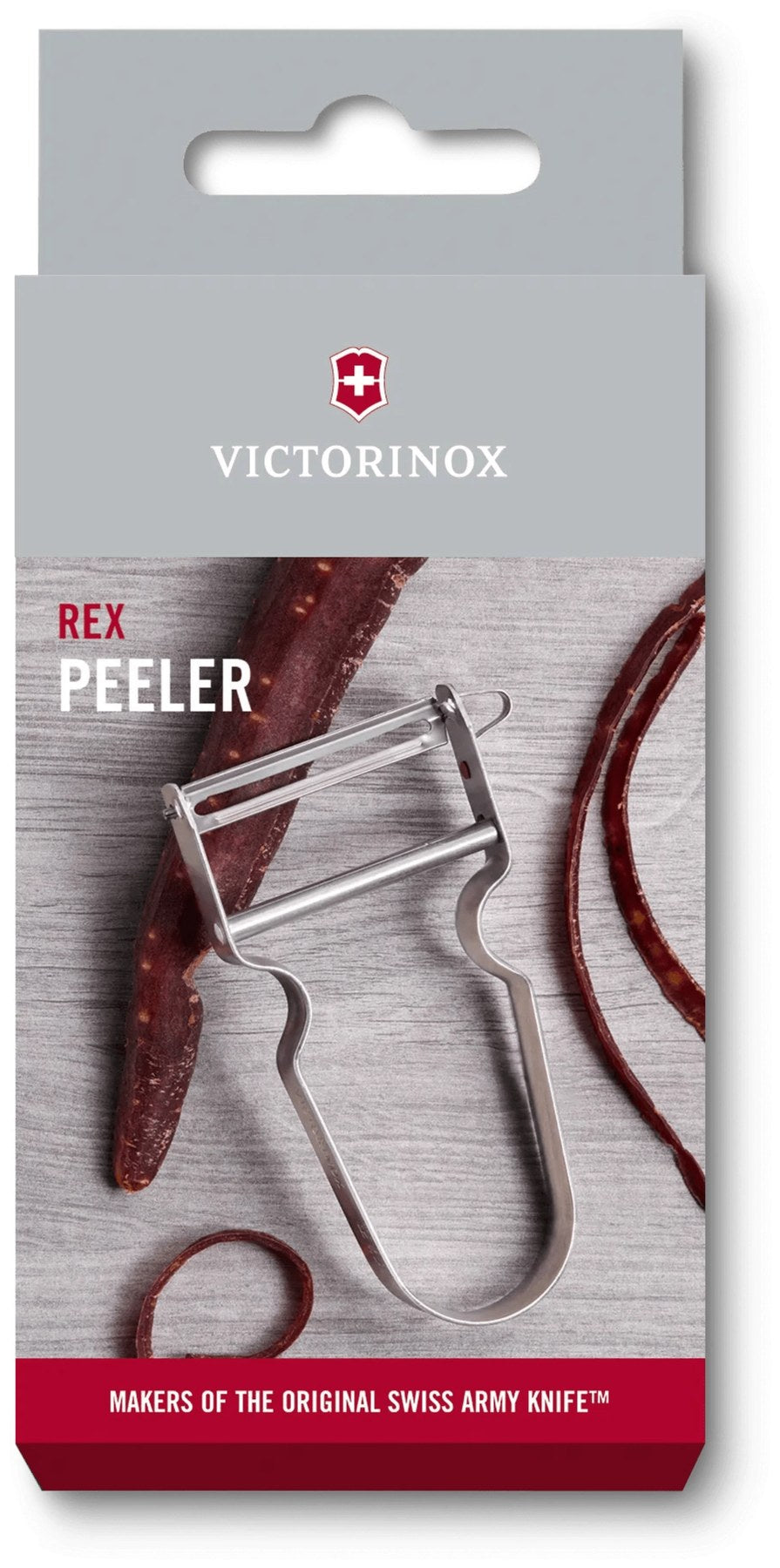 Silberfarbener REX Sparschäler von Victorinox mit ergonomischem Griff und schmaler, scharfer Klinge, freigestellt fotografiert auf weissem Hintergrund.
