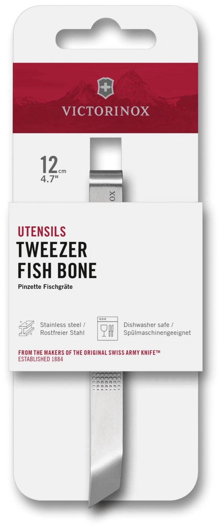 Silberne Fischgrätenpinzette von Victorinox aus Edelstahl mit rutschfestem Griff, Länge 12cm, für die präzise Küchenarbeit.