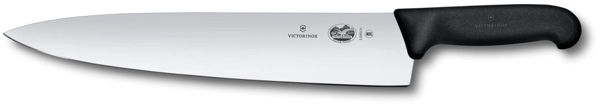Produktfoto des Victorinox Fibrox Kochmesser 31cm mit gerader schwarzer Klinge, rutschfestem schwarzem Griff, freigestellt auf weissem Hintergrund.