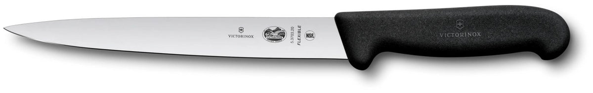Schwarzes Filetiermesser von Victorinox mit langer, schmaler und flexibler Klinge, Modell Fibrox, Länge 20 cm, Küchenmesser für Fisch
