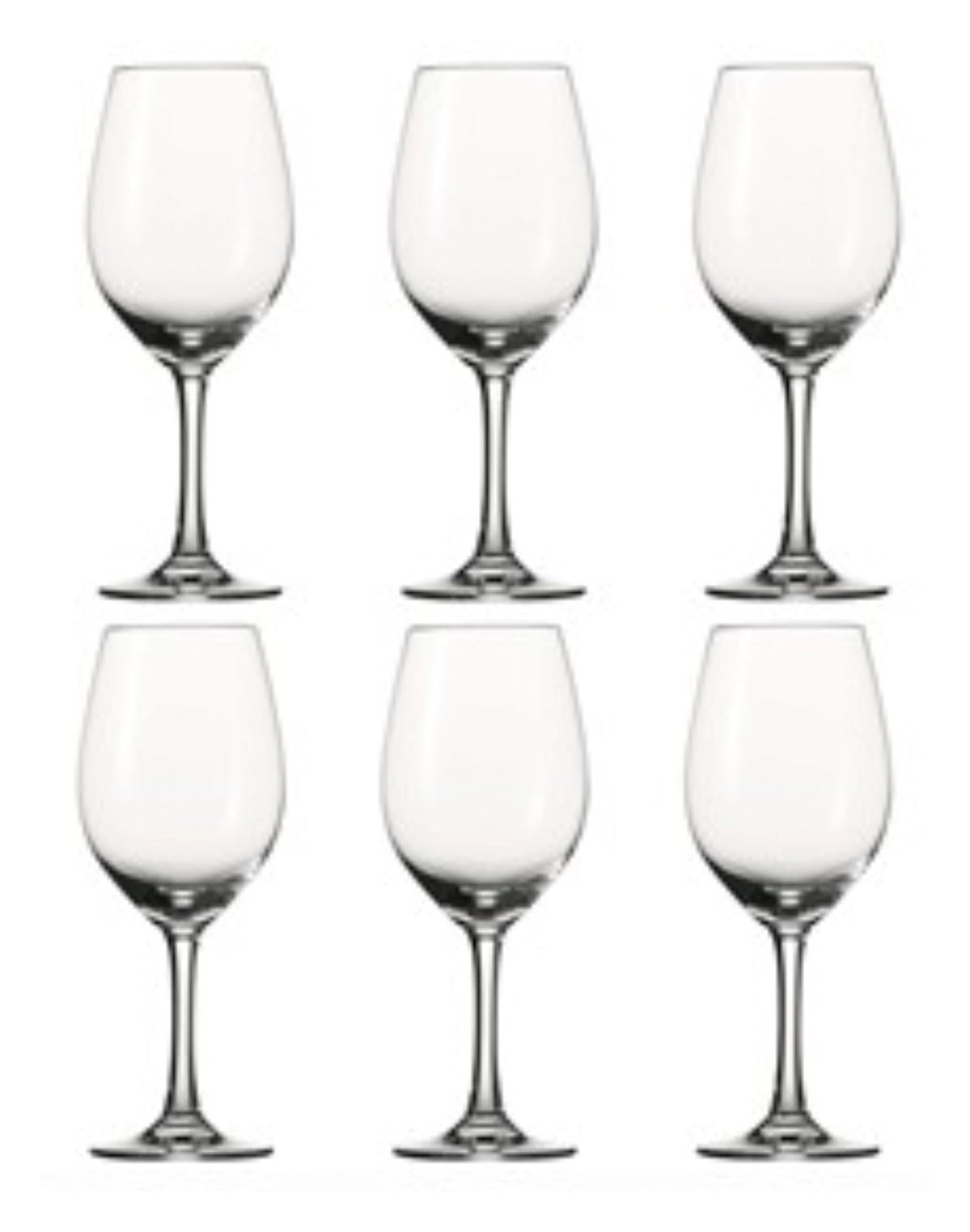 Zwölf transparente Weingläser von Spiegelau aus der Festival-Serie, klassische Kelchform, je 400 ml Fassungsvermögen, aufgereiht nebeneinander.