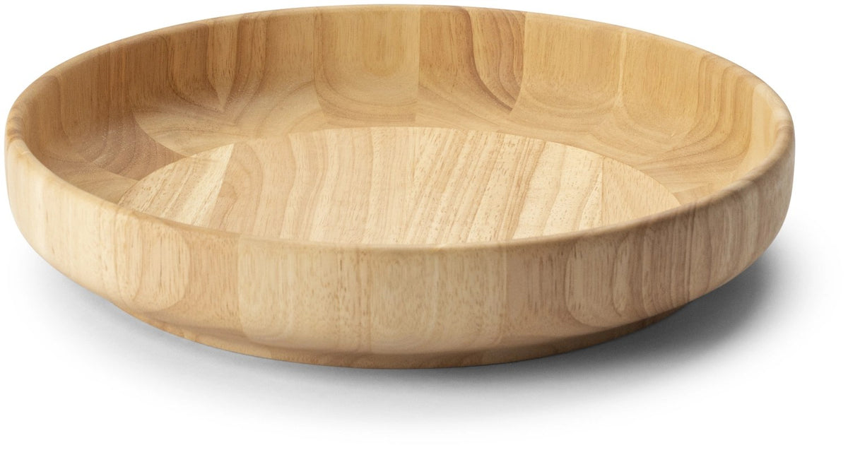 Braune Schale aus Gummibaumholz, 32 cm lang, 32 cm breit und 6 cm hoch, mit flacher Form, schmalem Fuss und geraden Seitenwänden.
