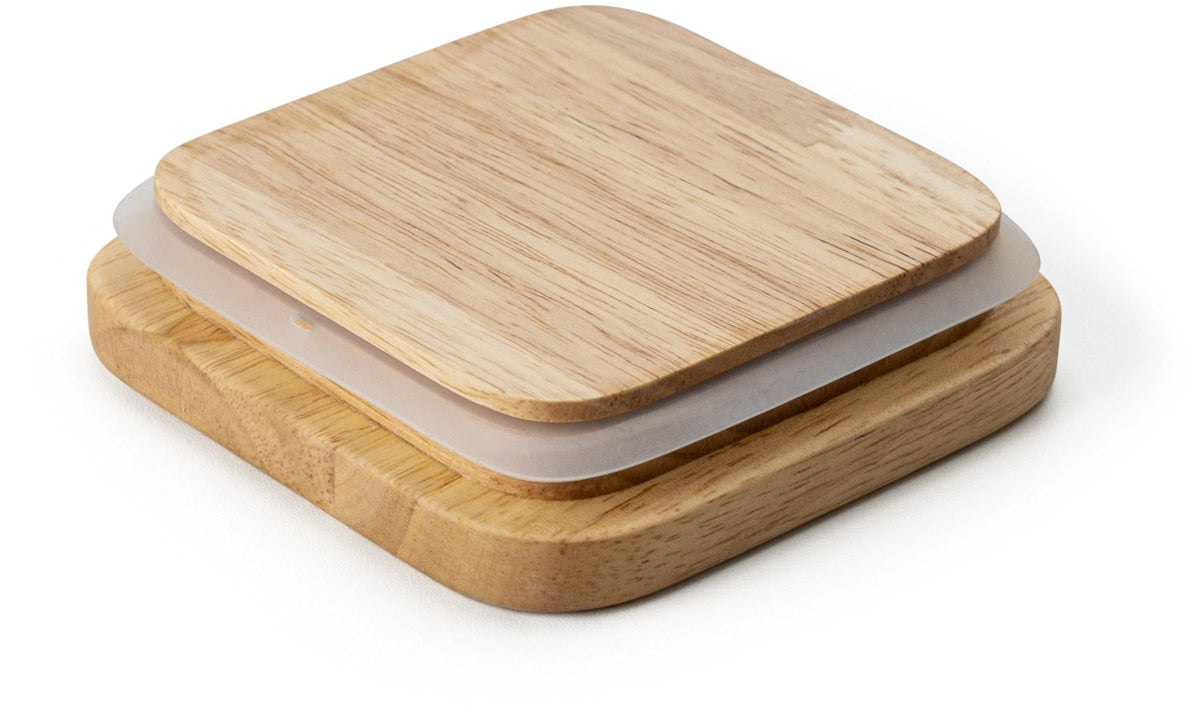 Beige Keramik Vorratsdose mit hellem Holzdeckel und Silikonring, quaderförmig mit abgerundeten Ecken, mattes Oberflächenfinish.