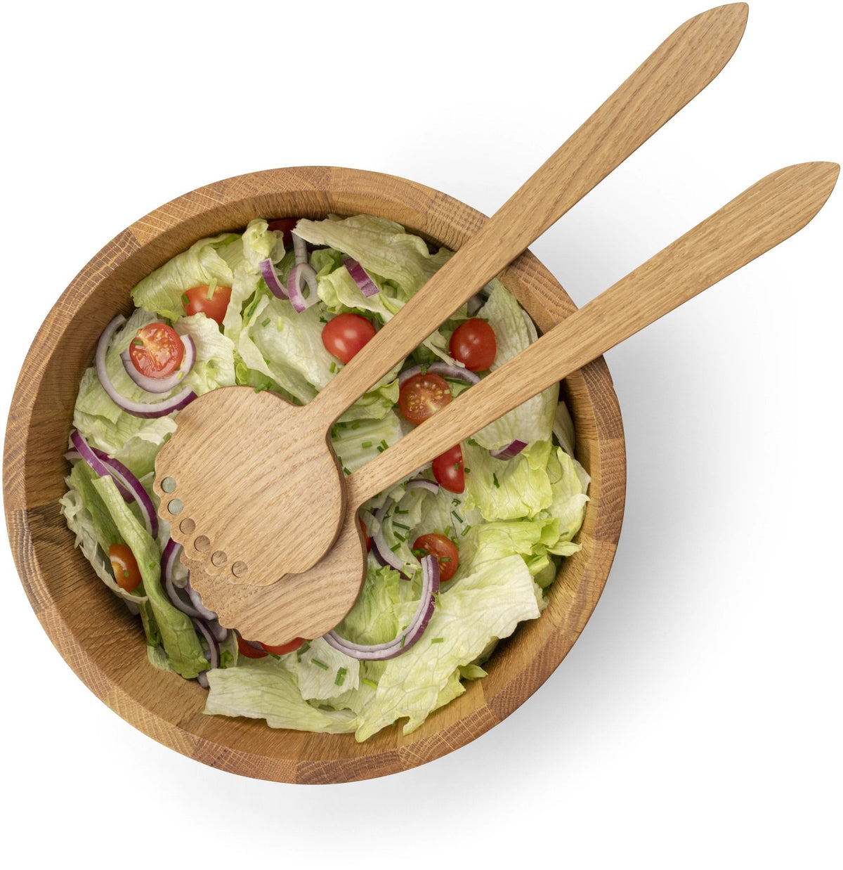 Salatbesteck aus Eichenholz mit langer Laffe und langen Griffen, Länge 32.5cm, natürliche Maserung, geöltes Finish, Farbe Braun.