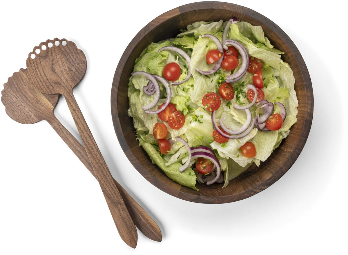 Salatbesteck aus Walnussholz in Braun mit langen Griffen und grosser Laffe, Länge 32.5cm, von Continenta, seidig geöltes Finish.