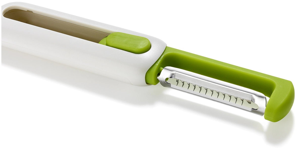 Weisser Julienne-Schäler von Joseph Joseph mit ausziehbarer Klinge, Küchenhelfer aus dem Sortiment für feine Gemüsestreifen, Frontalansicht.