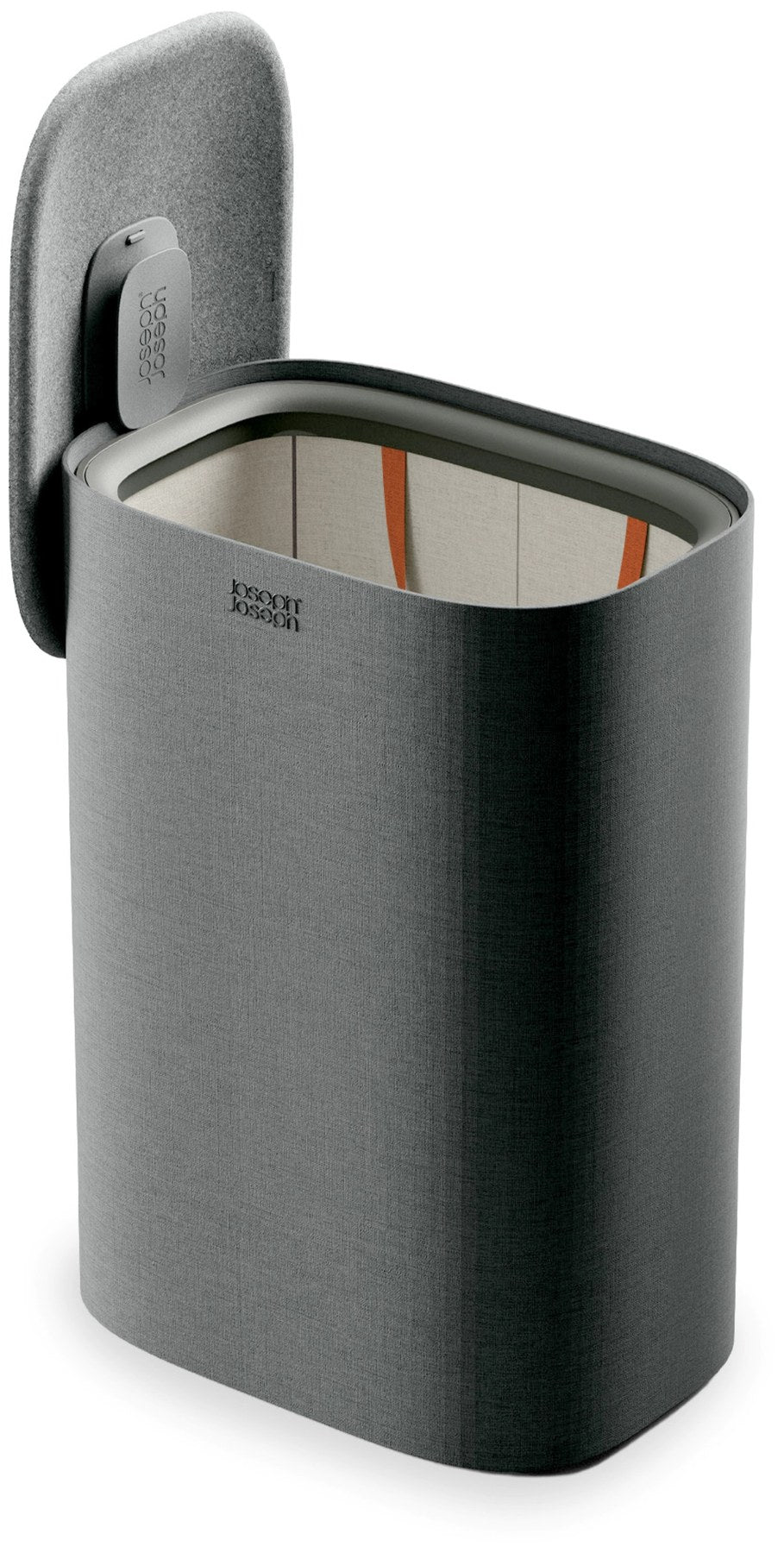 Grauer Wäschetrennkorb Tota One 60l von Joseph Joseph mit seitlichem Filzdeckel und herausnehmbarer Tragetasche für die Wäsche.