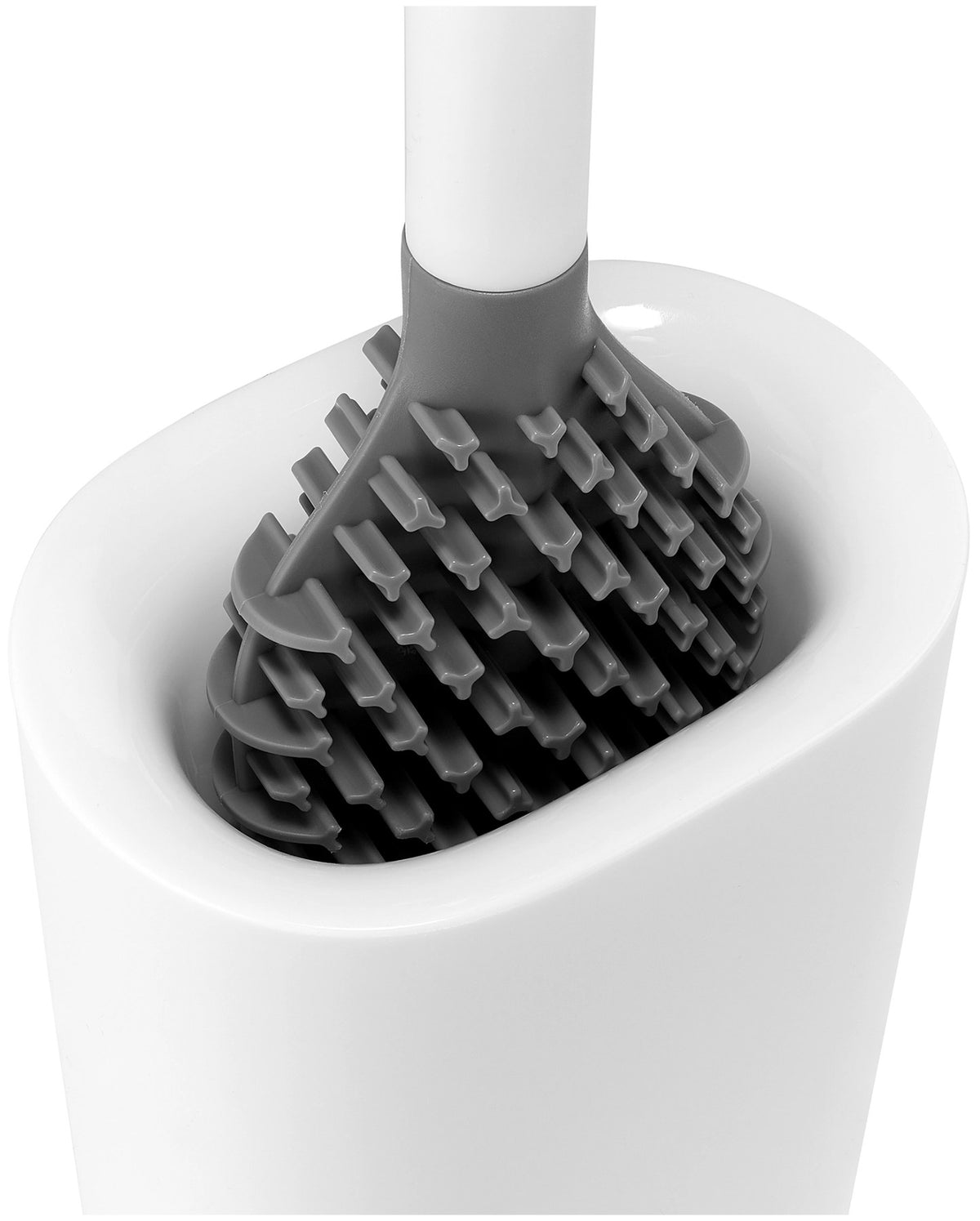 Weisse WC Bürste mit dreifach beklingten Borsten und passendem kompaktem Halter, glänzende Oberfläche, schlanke zylindrische Form.