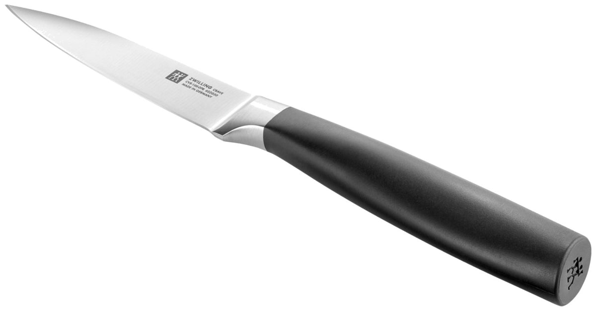 Zwilling Crave Schälmesser 10cm mit kurzer, spitzer Klinge und ergonomischem Griff, mehrfarbig, aufgenommen auf neutralem Hintergrund.