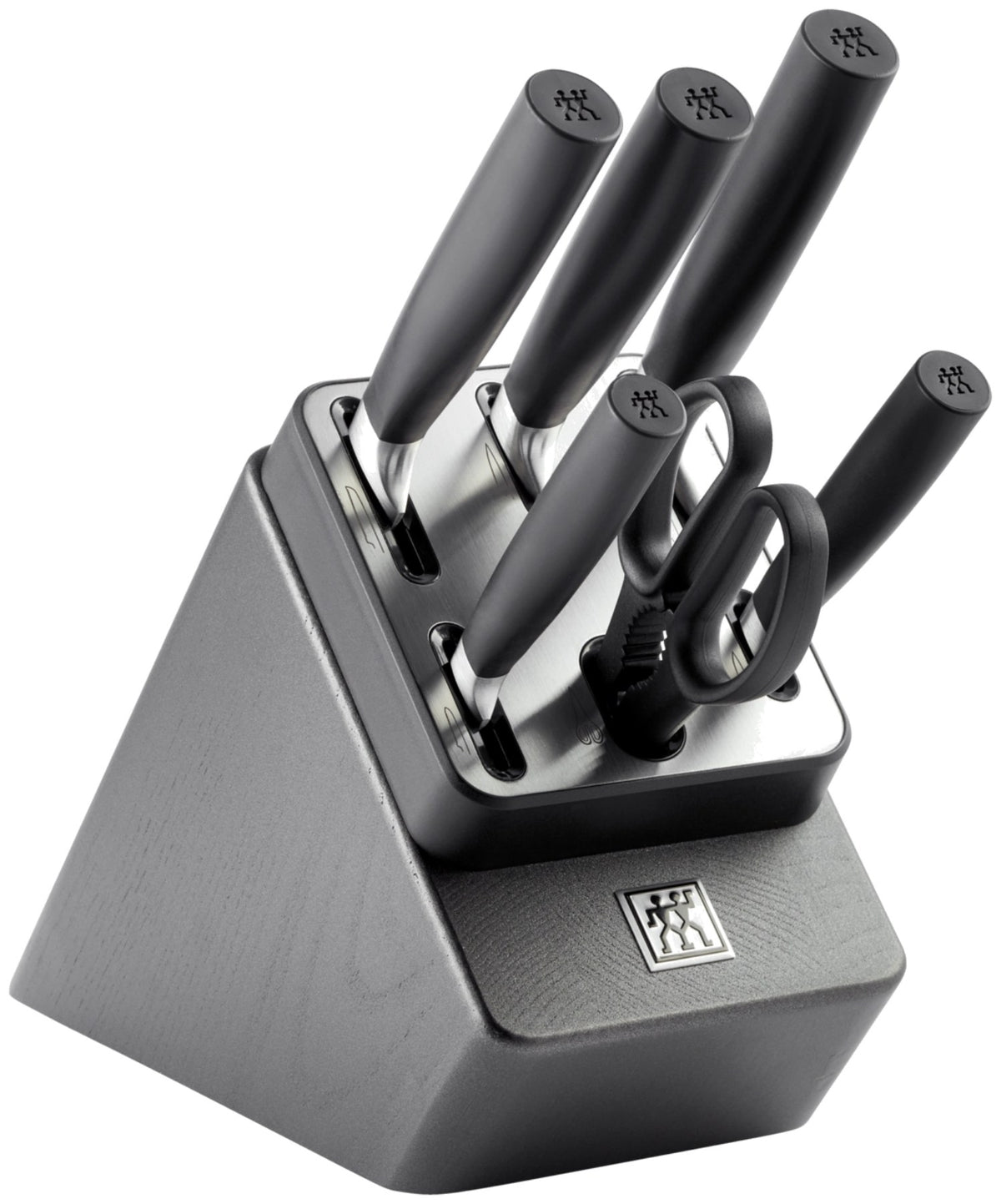 Schwarzer Kunststoff-Messerblock von Zwilling mit fünf eingesteckten Messern und einer Schere, Modell Crave, 7-teilig.