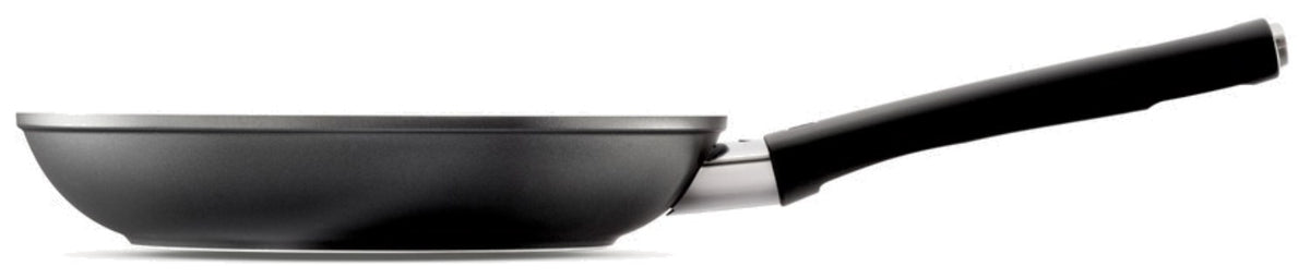Schwarze Aluminium-Bratpfanne mit 24cm Durchmesser, Keramikbeschichtung, Temperaturindikator in der Pfannenmitte und flachem Induktionsboden.