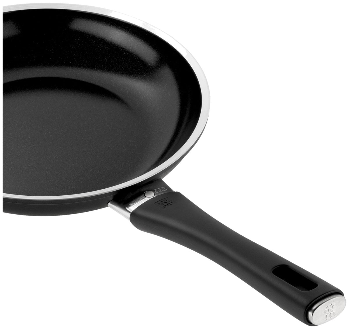 Schwarze Aluminium-Bratpfanne mit 24cm Durchmesser, Keramikbeschichtung, Temperaturindikator in der Pfannenmitte und flachem Induktionsboden.