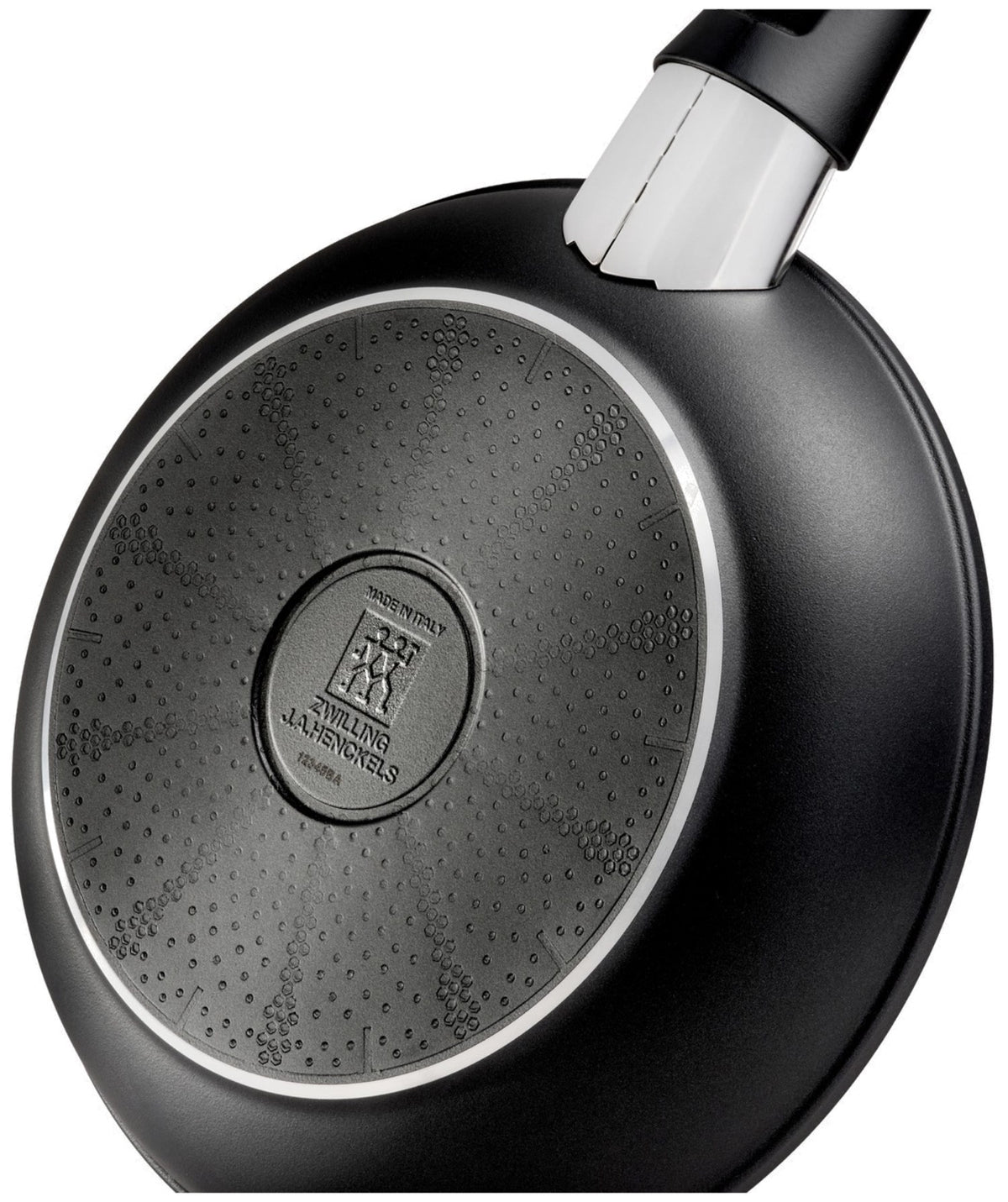Schwarze Aluminium-Bratpfanne von Zwilling mit Keramikbeschichtung, Griff und Temperaturanzeige, Modell Lumotion Schmorpfanne 28cm, Draufsicht.