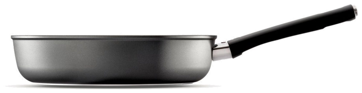 Schwarze Aluminium-Bratpfanne von Zwilling mit Keramikbeschichtung, Griff und Temperaturanzeige, Modell Lumotion Schmorpfanne 28cm, Draufsicht.