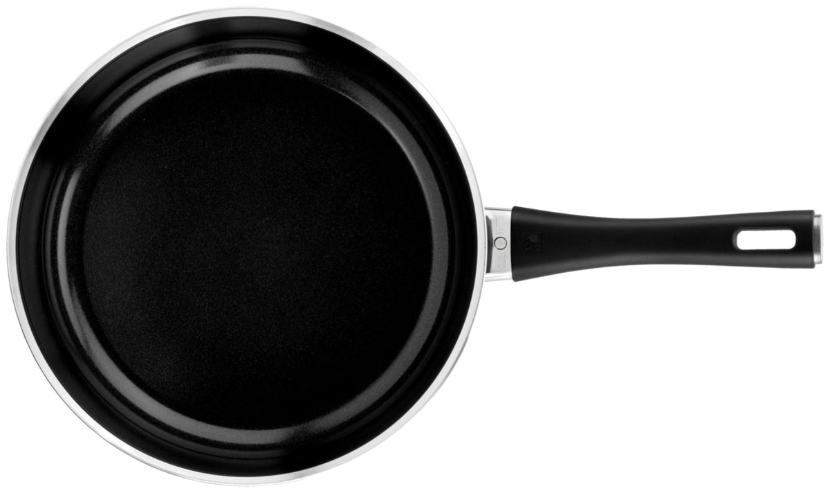 Schwarze Aluminium-Bratpfanne von Zwilling mit Keramikbeschichtung, Griff und Temperaturanzeige, Modell Lumotion Schmorpfanne 28cm, Draufsicht.