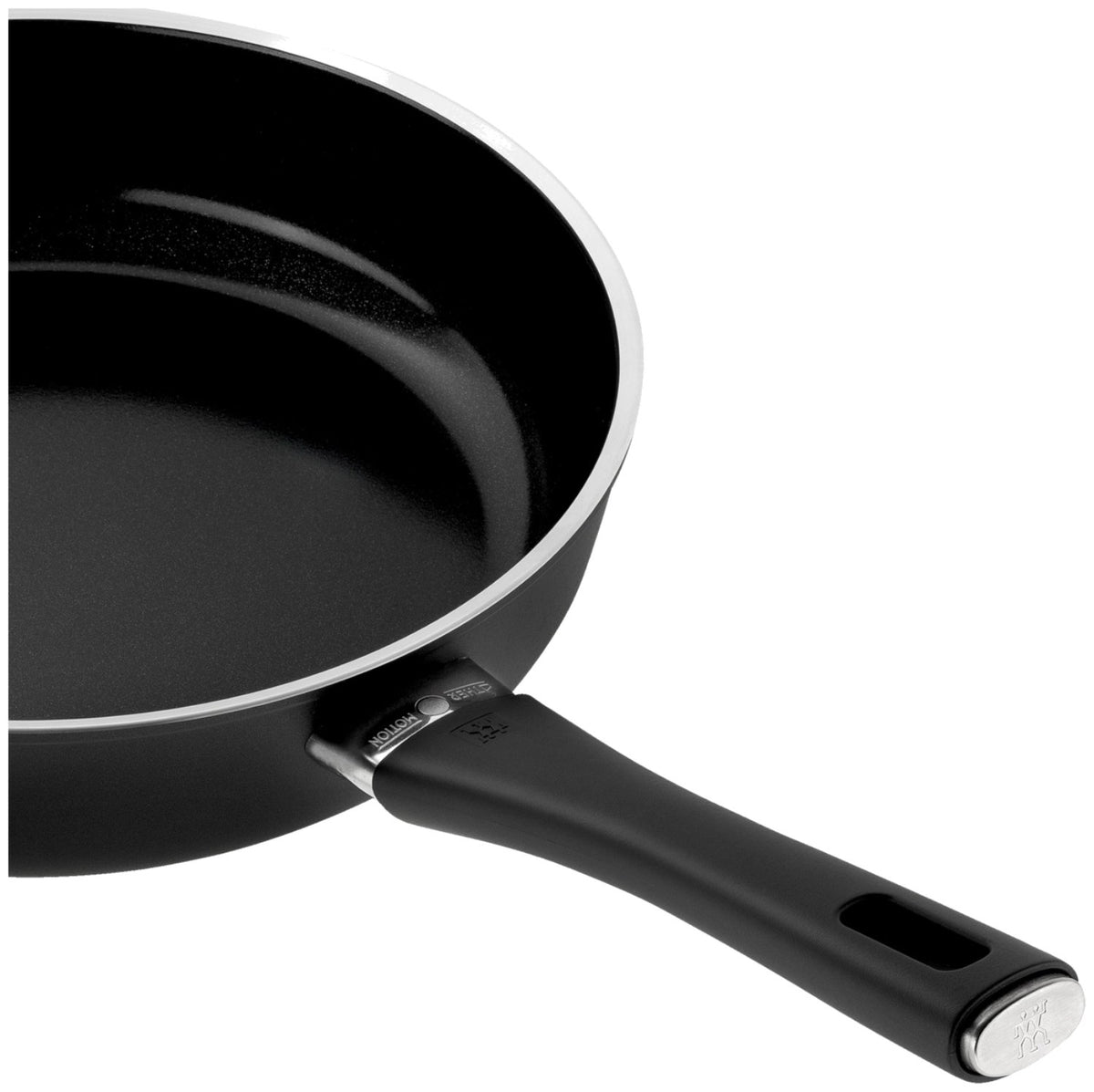 Schwarze Aluminium-Bratpfanne von Zwilling mit Keramikbeschichtung, Griff und Temperaturanzeige, Modell Lumotion Schmorpfanne 28cm, Draufsicht.
