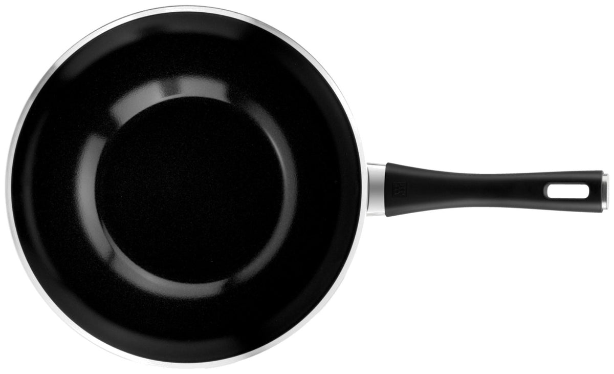 Schwarze Zwilling Lumotion Bratpfanne 30cm aus Aluminium mit Keramikbeschichtung, Draufsicht auf die runde Pfanne mit Griff.