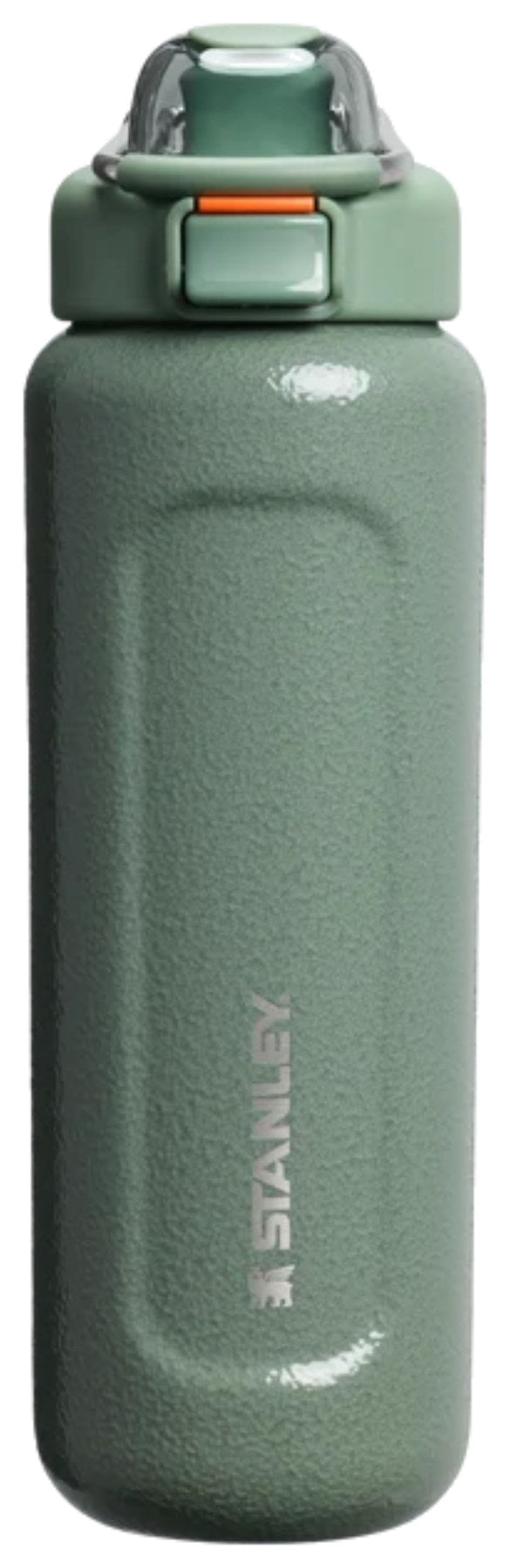 Grüne Thermosflasche Wellspring von Stanley in Hammertone-Ausführung mit Metallbügel am Verschluss