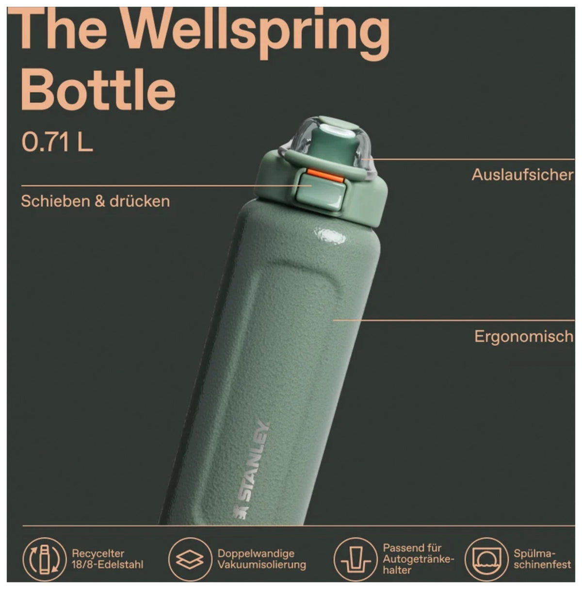Grüne Thermosflasche Wellspring von Stanley in Hammertone-Ausführung mit Metallbügel am Verschluss