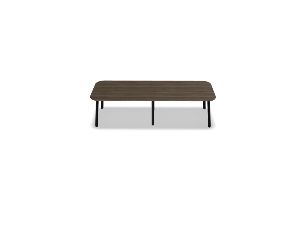 Bild eines Esstischs von MDD, Modell Ogi A PLF14E2Z. Dunkles Holzfinish, rechteckige Platte, schlanke Beine, modernes skandinavisches Design, ideal für Essbereich, Platz für vier bis sechs Personen.