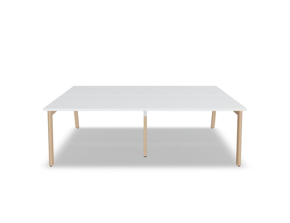 Doppelschreibtisch Ogi B Bench mit weisser Melaminplatte und Gestell aus natürlichem Buchenholz, zwei Arbeitsplätze nebeneinander.